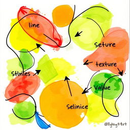 Create a unique, easy-to-make artwork on a 1/4 size illustration board that showcases various elements of art such as line, shape, color, texture, form, space, and value