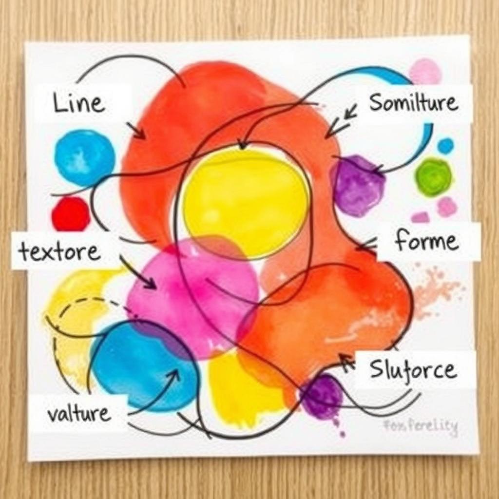 Create a unique, easy-to-make artwork on a 1/4 size illustration board that showcases various elements of art such as line, shape, color, texture, form, space, and value