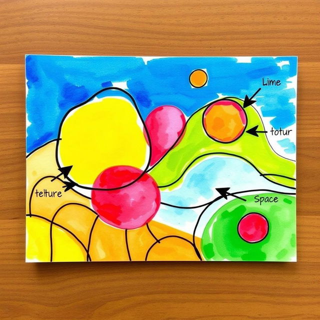 Create a unique, easy-to-make artwork on a 1/4 size illustration board that showcases various elements of art such as line, shape, color, texture, form, space, and value