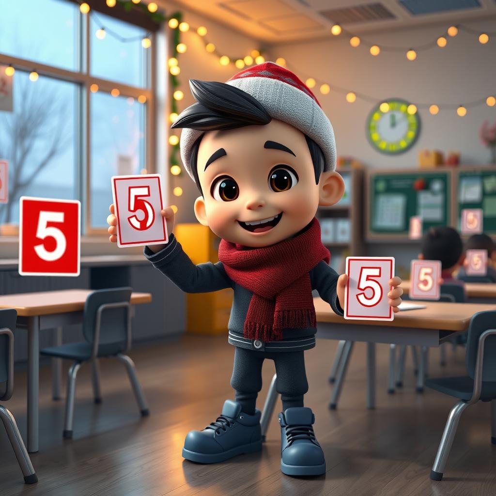 An animated 3D scene featuring a cheerful 6-year-old boy named Nil, joyfully placing the number '5' on various students' quizzes in the teacher's room at school