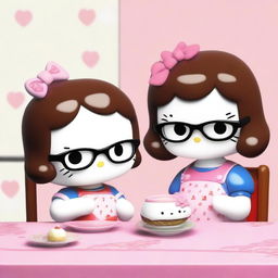 A high-quality digital art image depicts two porcelain Hello Kitty figures enjoying a meal