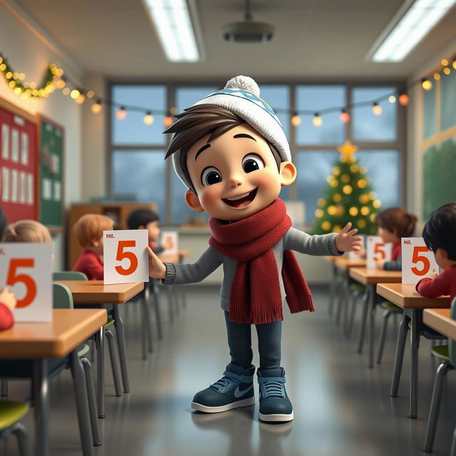 An animated 3D scene featuring a cheerful 6-year-old boy named Nil, joyfully placing the number '5' on various students' quizzes in the teacher's room at school