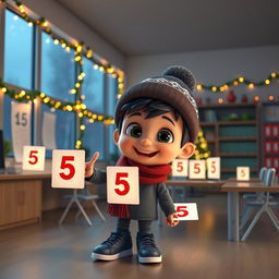 An animated 3D scene featuring a cheerful 6-year-old boy named Nil, joyfully placing the number '5' on various students' quizzes in the teacher's room at school