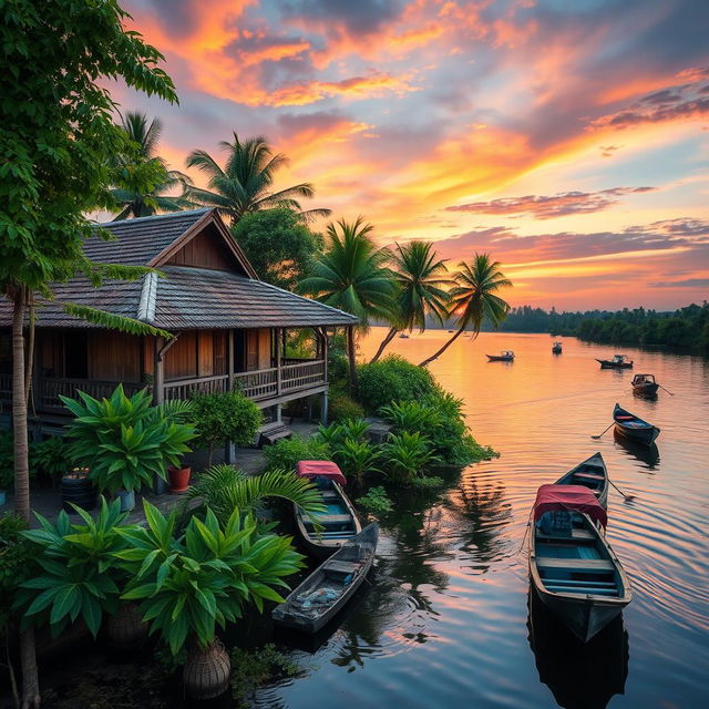 A picturesque scene depicting a traditional home by the river in South Sumatera, Kota Palembang