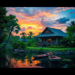 A picturesque scene depicting a traditional home by the river in South Sumatera, Kota Palembang