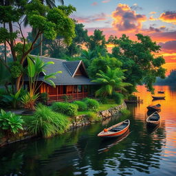 A picturesque scene depicting a traditional home by the river in South Sumatera, Kota Palembang