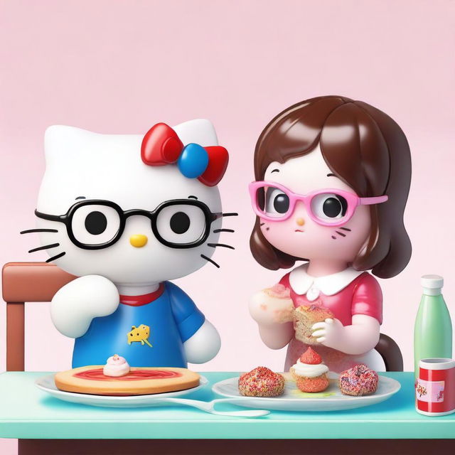 A high-quality digital art image depicts two porcelain Hello Kitty figures enjoying a meal