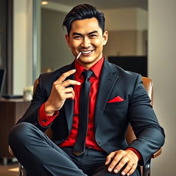 A tall muscular Asian man with an intense expression and striking red piercing eyes, dressed in a fitted black suit with a vibrant red shirt underneath and a matching black tie
