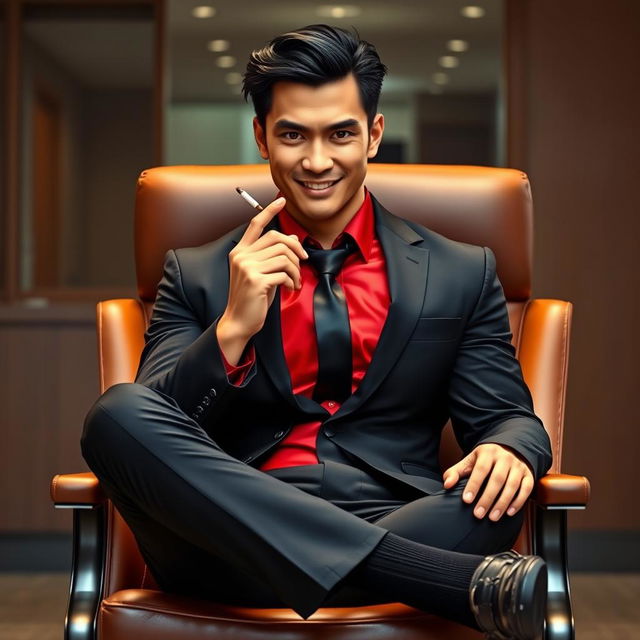 A tall muscular Asian man with an intense expression and striking red piercing eyes, dressed in a fitted black suit with a vibrant red shirt underneath and a matching black tie