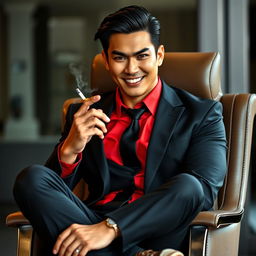 A tall muscular Asian man with an intense expression and striking red piercing eyes, dressed in a fitted black suit with a vibrant red shirt underneath and a matching black tie