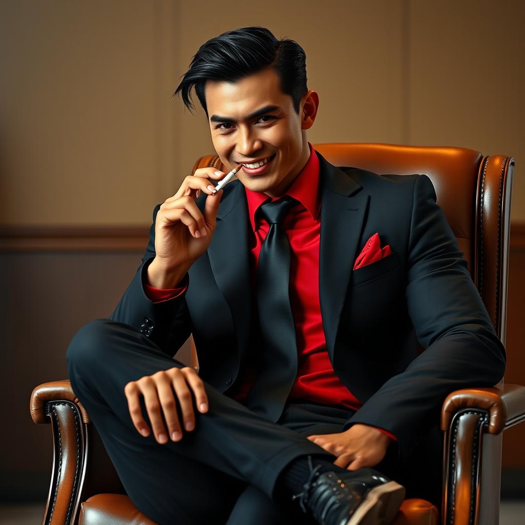 A tall muscular Asian man with an intense expression and striking red piercing eyes, dressed in a fitted black suit with a vibrant red shirt underneath and a matching black tie