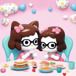 A high-quality digital art image depicts two porcelain Hello Kitty figures enjoying a meal