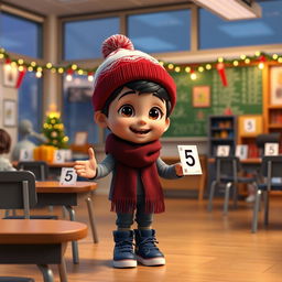 An animated 3D scene depicting a delighted 6-year-old boy named Nil, as he enthusiastically places the number '5' on various students' quizzes in the teacher's room at school