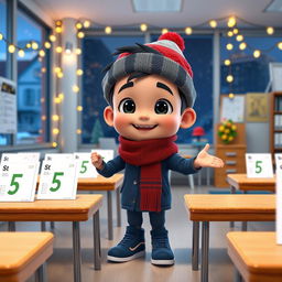 An animated 3D scene depicting a delighted 6-year-old boy named Nil, as he enthusiastically places the number '5' on various students' quizzes in the teacher's room at school