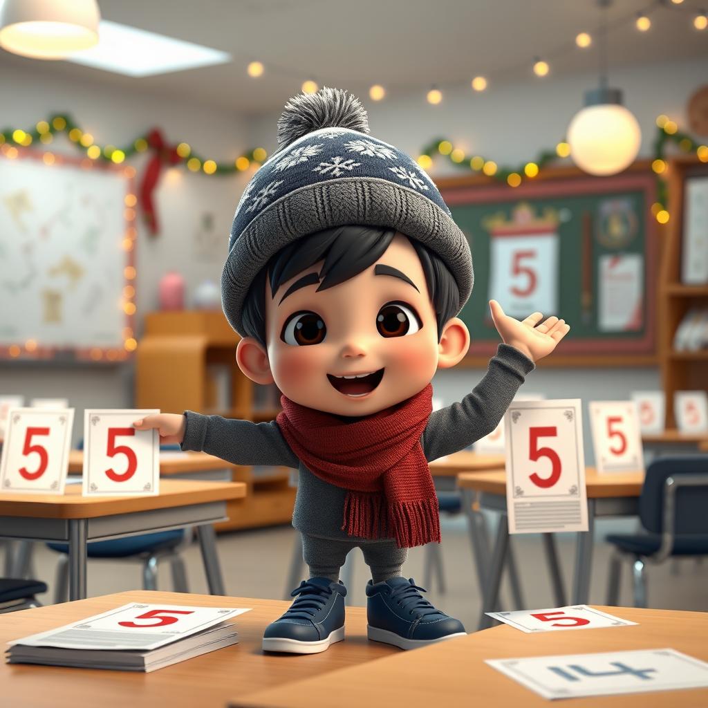 An animated 3D scene depicting a delighted 6-year-old boy named Nil, as he enthusiastically places the number '5' on various students' quizzes in the teacher's room at school