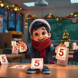 An animated 3D scene depicting a delighted 6-year-old boy named Nil, as he enthusiastically places the number '5' on various students' quizzes in the teacher's room at school