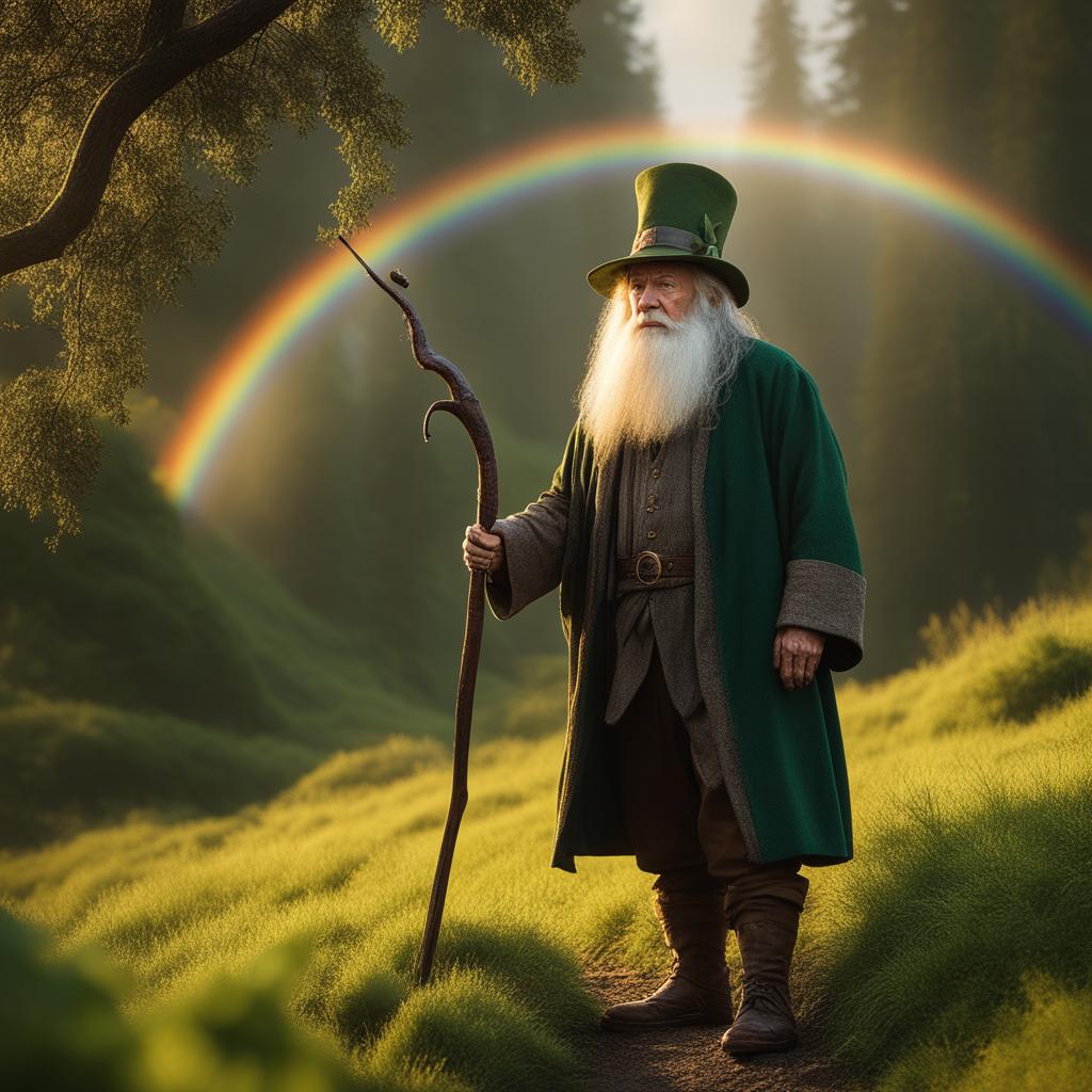 This HD, cinematic photograph portrays an elderly leprechaun with a walking stick in a Lord of the Rings-inspired setting