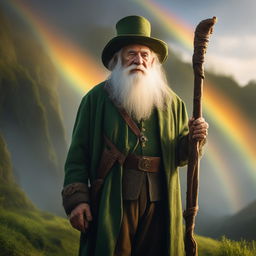 This HD, cinematic photograph portrays an elderly leprechaun with a walking stick in a Lord of the Rings-inspired setting