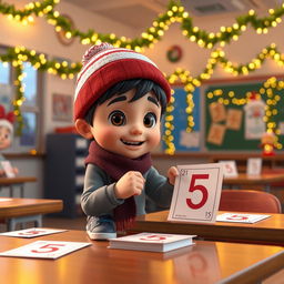 An animated 3D scene of a joyful 6-year-old boy named Nil, as he carefully places the number '5' on students' math tests in the teacher's room at school