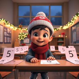 An animated 3D scene of a joyful 6-year-old boy named Nil, as he carefully places the number '5' on students' math tests in the teacher's room at school