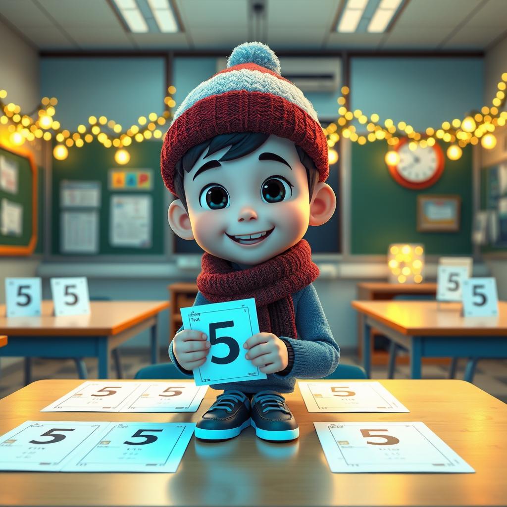 An animated 3D scene of a joyful 6-year-old boy named Nil, as he carefully places the number '5' on students' math tests in the teacher's room at school