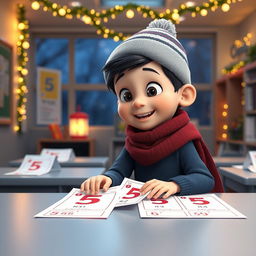 An animated 3D scene of a joyful 6-year-old boy named Nil, as he carefully places the number '5' on students' math tests in the teacher's room at school