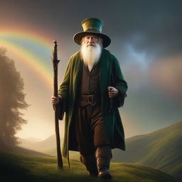 This HD, cinematic photograph portrays an elderly leprechaun with a walking stick in a Lord of the Rings-inspired setting