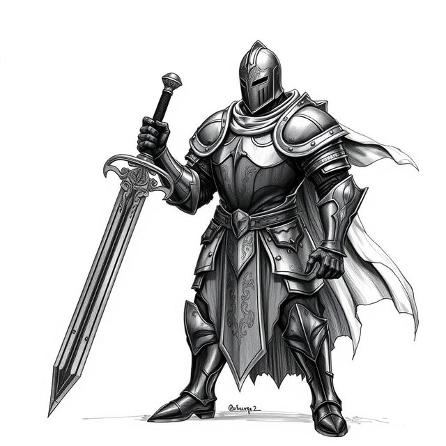 A powerful sketch of a black knight in full armor, showcasing intricate detailing on the armor plates, which reflect a sense of strength and resilience