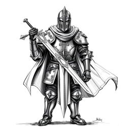 A powerful sketch of a black knight in full armor, showcasing intricate detailing on the armor plates, which reflect a sense of strength and resilience