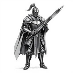 A powerful sketch of a black knight in full armor, showcasing intricate detailing on the armor plates, which reflect a sense of strength and resilience