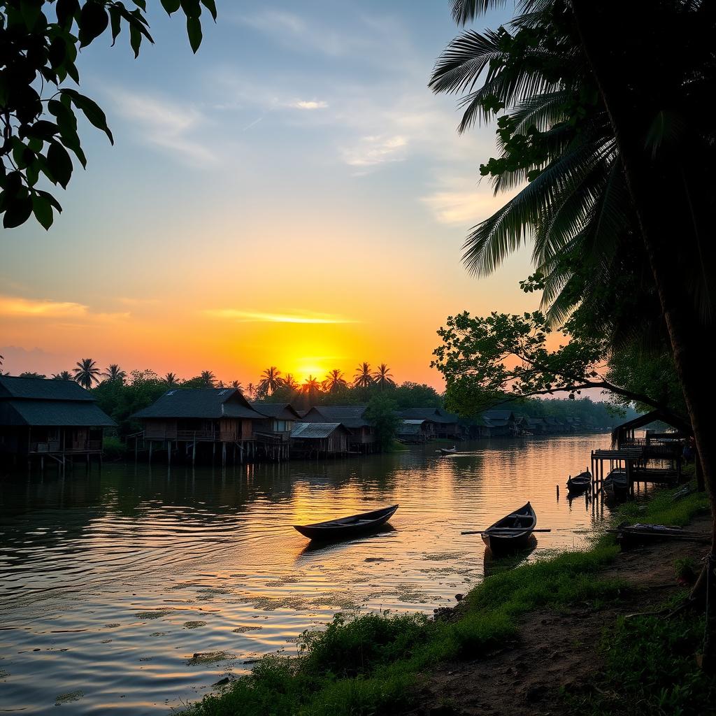 A beautiful and serene riverside scene by the Sungai Musi in Palembang, South Sumatra