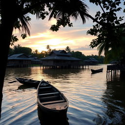 A beautiful and serene riverside scene by the Sungai Musi in Palembang, South Sumatra