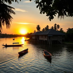 A beautiful and serene riverside scene by the Sungai Musi in Palembang, South Sumatra