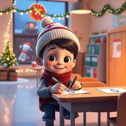 An animated 3D scene showcasing a cheerful 6-year-old boy named Nil, as he carefully writes the number '5' on students' math tests in the teacher's room at school