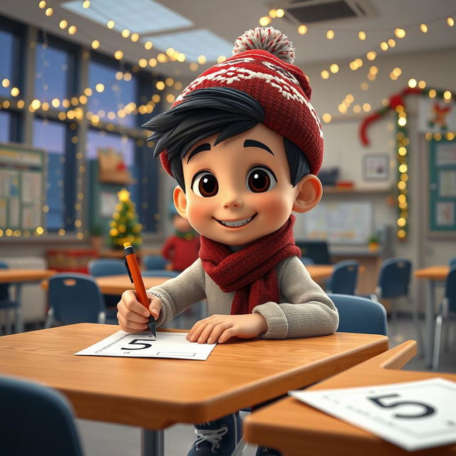 An animated 3D scene showcasing a cheerful 6-year-old boy named Nil, as he carefully writes the number '5' on students' math tests in the teacher's room at school