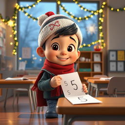 An animated 3D scene showcasing a cheerful 6-year-old boy named Nil, as he carefully writes the number '5' on students' math tests in the teacher's room at school