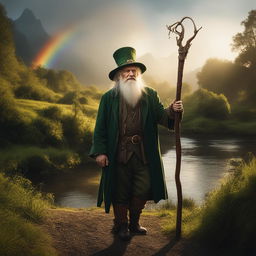 This HD, cinematic photograph portrays an elderly leprechaun with a walking stick in a Lord of the Rings-inspired setting