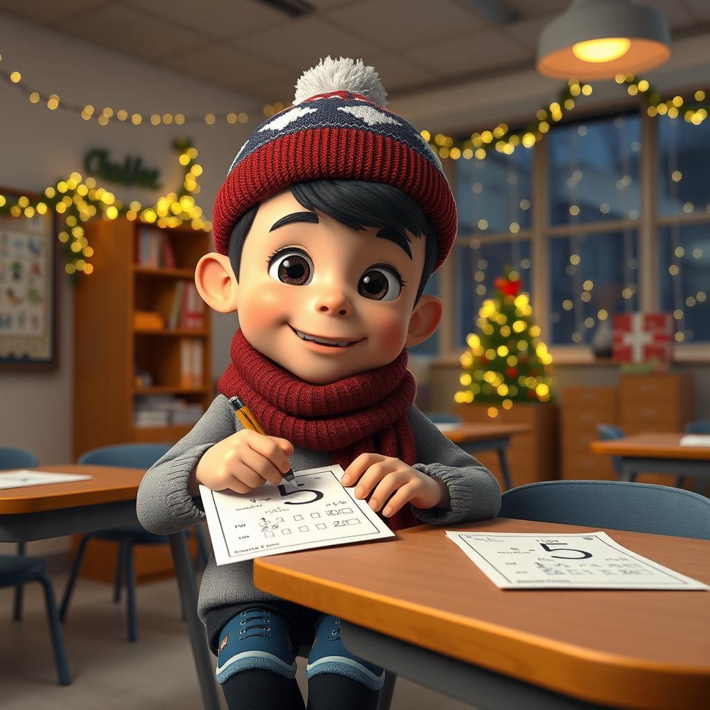 An animated 3D scene showcasing a cheerful 6-year-old boy named Nil, as he carefully writes the number '5' on students' math tests in the teacher's room at school