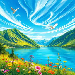 A vibrant and clear drawing of a serene landscape, featuring a tranquil lake surrounded by lush green mountains, under a bright blue sky with wispy white clouds