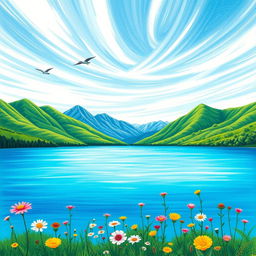A vibrant and clear drawing of a serene landscape, featuring a tranquil lake surrounded by lush green mountains, under a bright blue sky with wispy white clouds