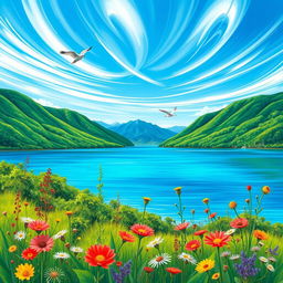 A vibrant and clear drawing of a serene landscape, featuring a tranquil lake surrounded by lush green mountains, under a bright blue sky with wispy white clouds