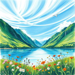 A vibrant and clear drawing of a serene landscape, featuring a tranquil lake surrounded by lush green mountains, under a bright blue sky with wispy white clouds
