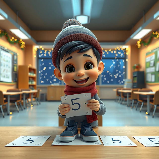 An animated 3D scene capturing a joyful and playful 6-year-old boy named Nil as he excitedly writes the number '5' on students' math tests in the teacher's room at school