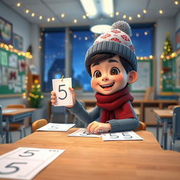 An animated 3D scene capturing a joyful and playful 6-year-old boy named Nil as he excitedly writes the number '5' on students' math tests in the teacher's room at school