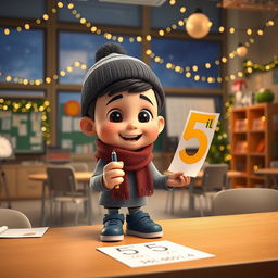 An animated 3D scene capturing a joyful and playful 6-year-old boy named Nil as he excitedly writes the number '5' on students' math tests in the teacher's room at school