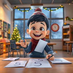 An animated 3D scene capturing a joyful and playful 6-year-old boy named Nil as he excitedly writes the number '5' on students' math tests in the teacher's room at school