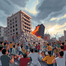 An illustration depicting a dramatic natural disaster scene, featuring a powerful earthquake causing destruction in an urban area