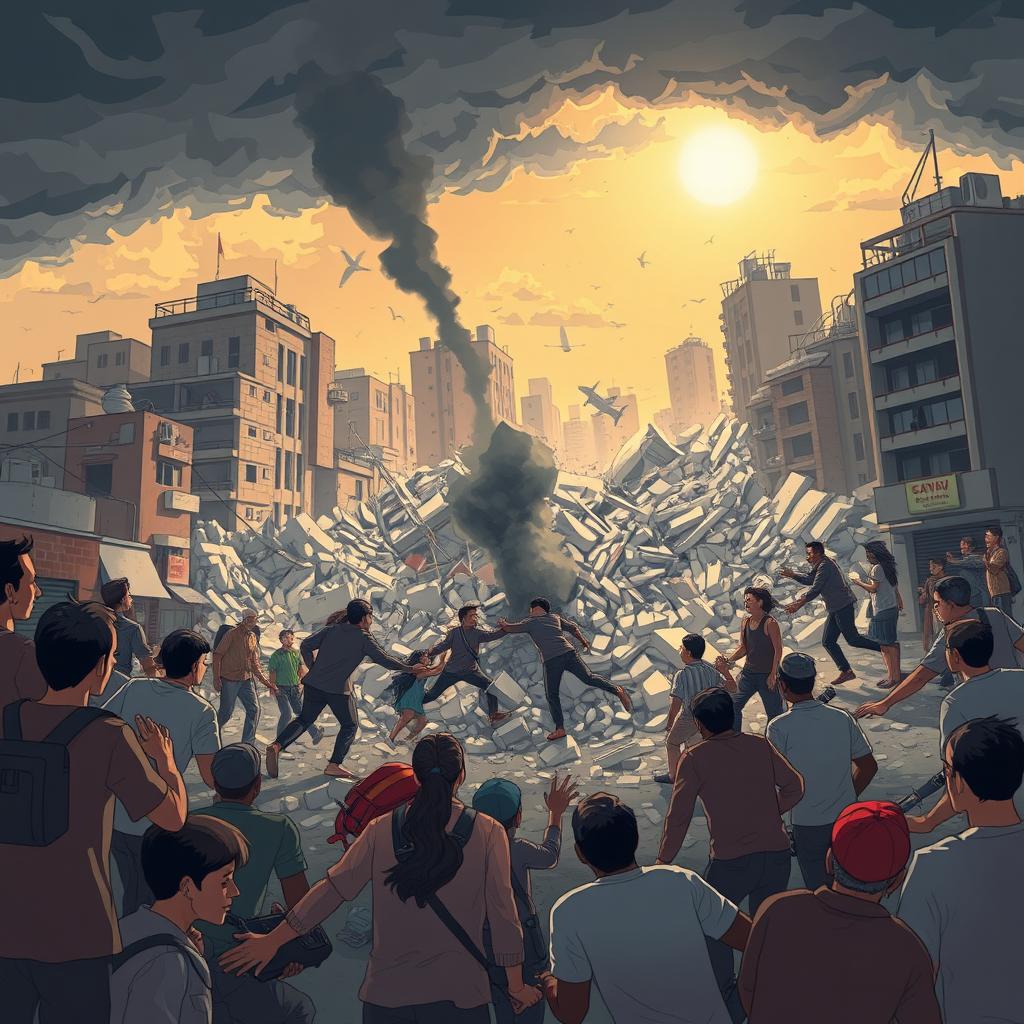 An illustration depicting a dramatic natural disaster scene, featuring a powerful earthquake causing destruction in an urban area