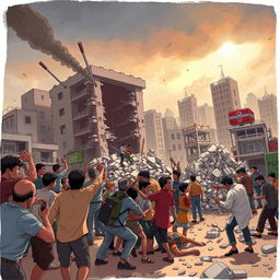 An illustration depicting a dramatic natural disaster scene, featuring a powerful earthquake causing destruction in an urban area