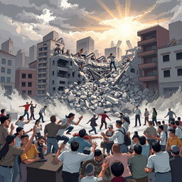 An illustration depicting a dramatic natural disaster scene, featuring a powerful earthquake causing destruction in an urban area